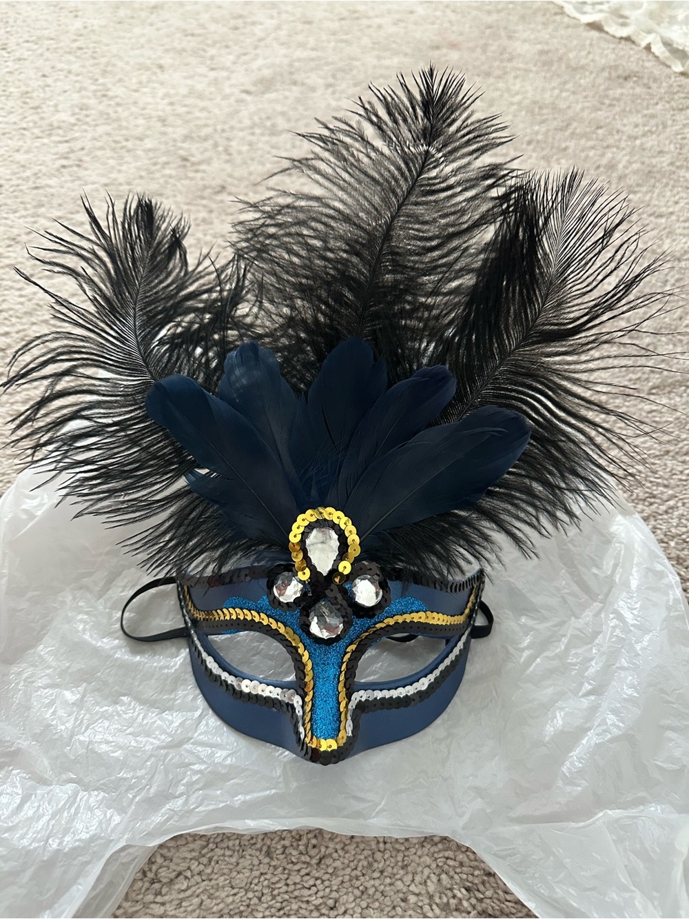 Blue Feathered Masquerade Eye Mask with Black Plumes